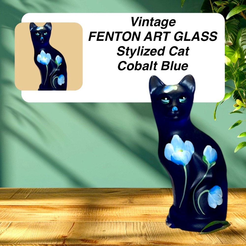 🔹VINTAGE Fenton Art Glass, Stylized Cat Figurine, Cobalt Blue 🔹